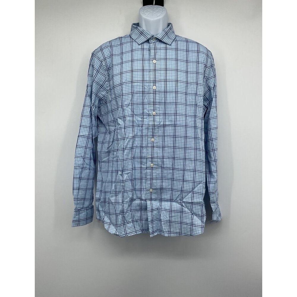 Chaps Mens Blue Plaid Long Sleeve Button-Up Shirt Performance Fit Size L